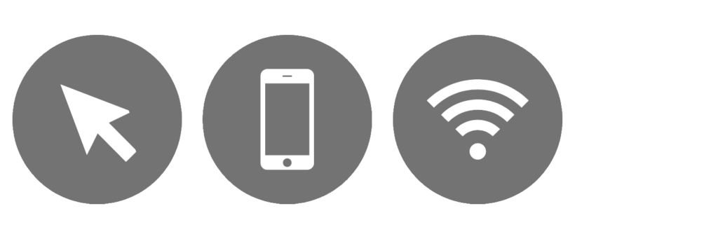 Weisse Symbole von Mauscursor, Handy, WLAN in grauen Kreisen